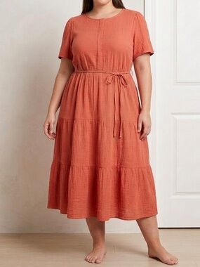 Violeta by Mango Coral Tiered Midi Dress